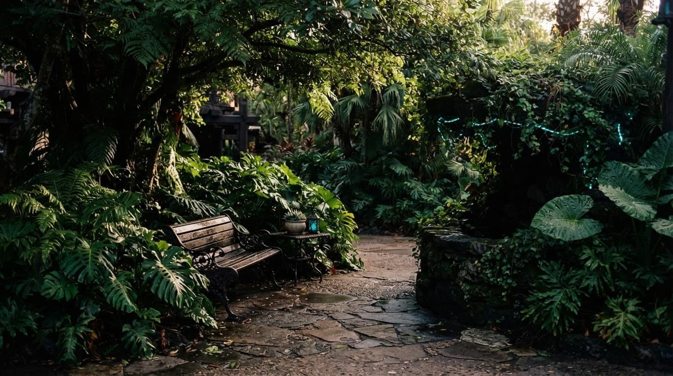 A shaded stone bench tucked among lush green plants in a moody garden.