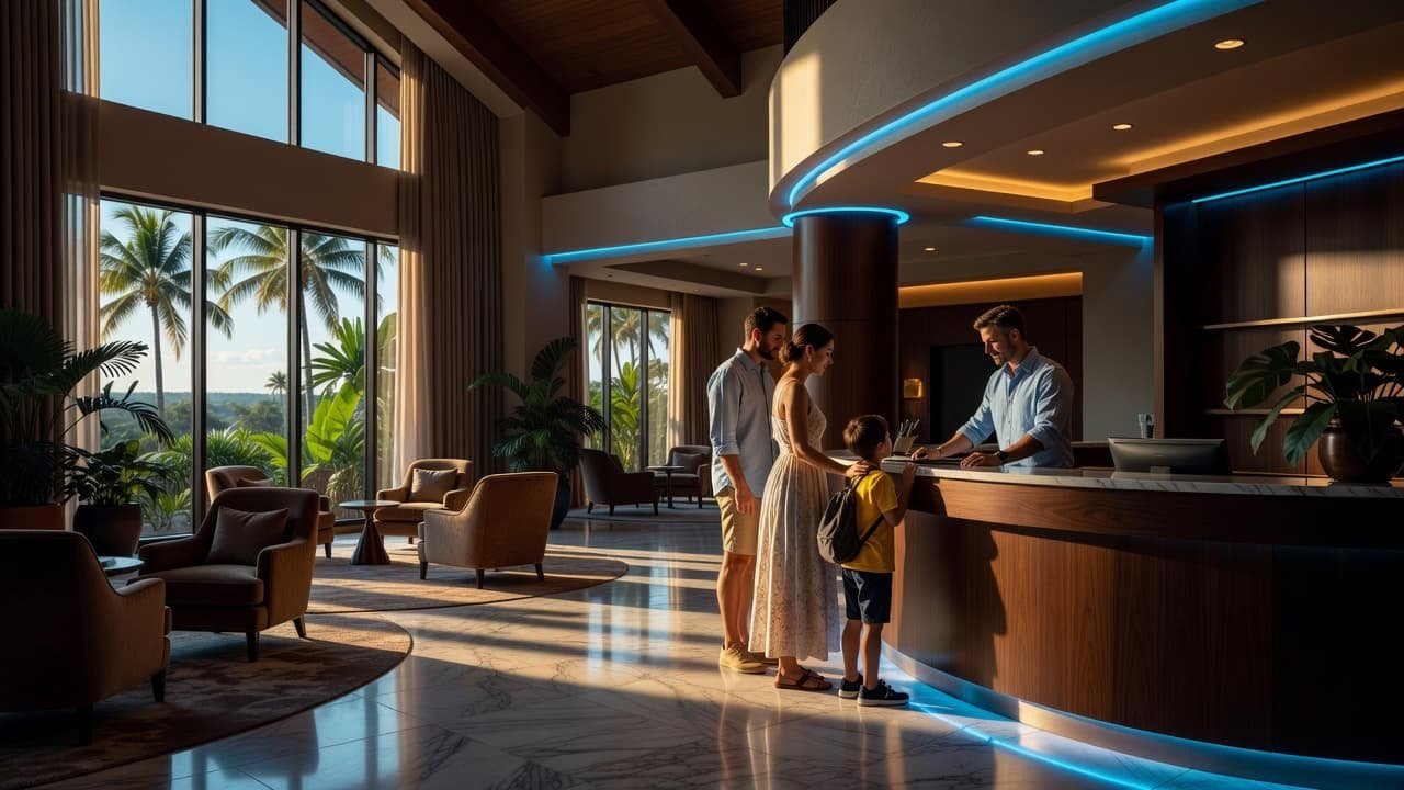 Disney World Autism Resort Check-In Tips for Families A family checking in at a resort front desk under dramatic cyan lighting.