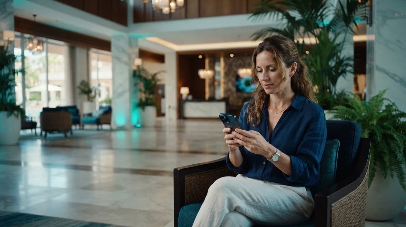 Disney World Virtual Queue Tips for Autism Families An adult focused on a smartphone app inside a bright resort lobby.
