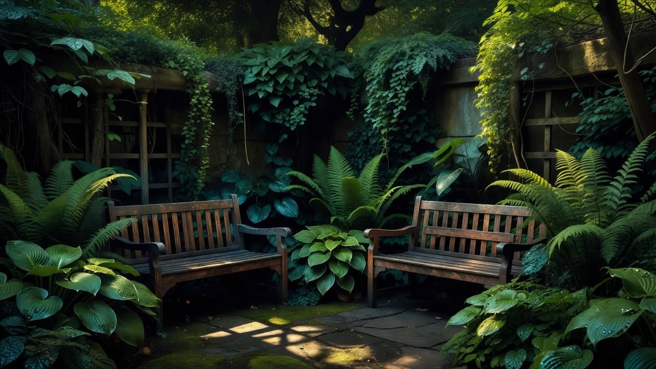 Wooden benches tucked away in a quiet, leafy garden filled with lush green plants.