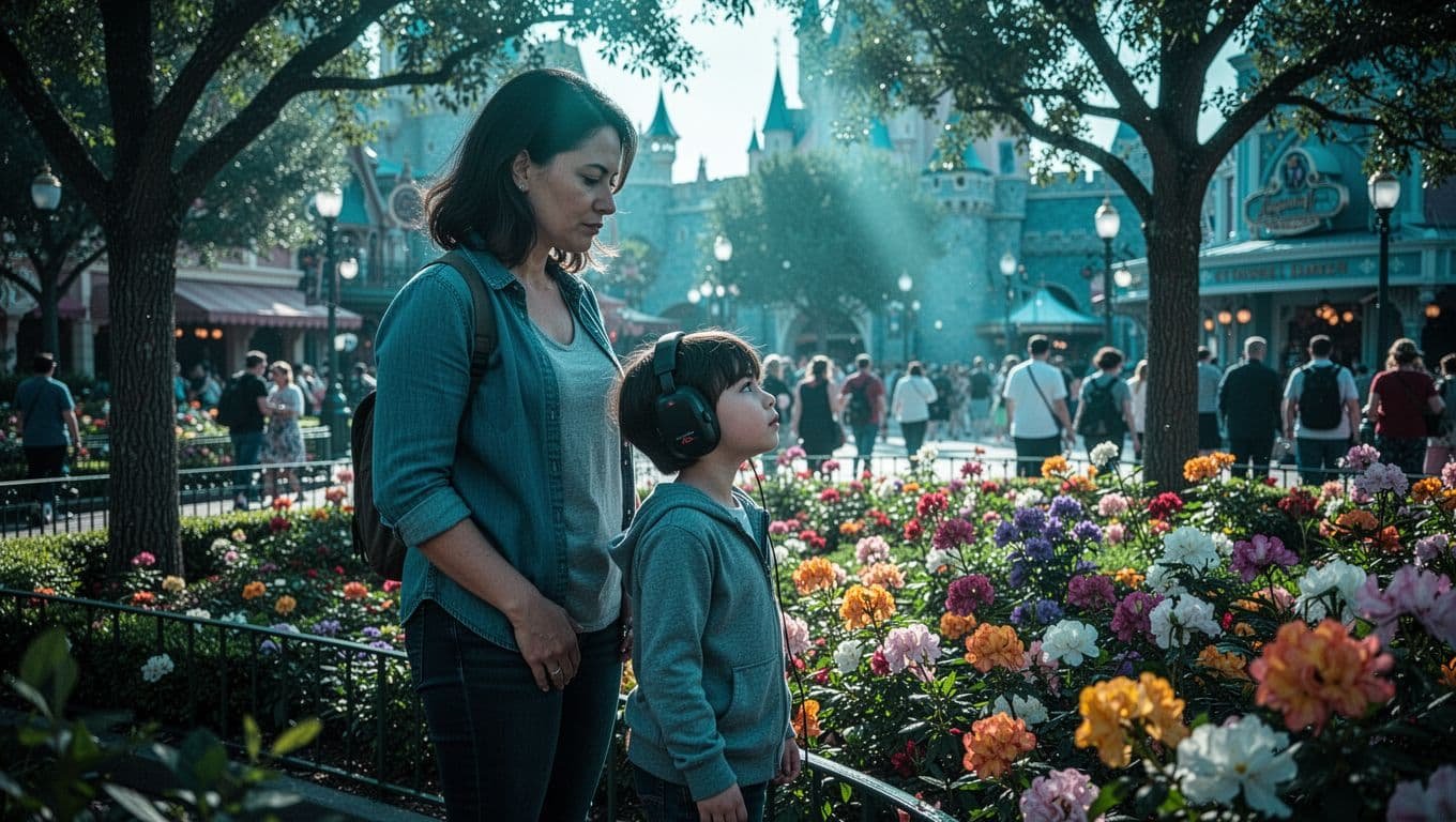 Disney World Autism Rides: A Sensory-Aware Guide A young child wearing noise-canceling headphones gazes peacefully at colorful flowers within a park garden. The cinematic lighting highlights soft cyan shadows across the tranquil, well-manicured tropical pathway.