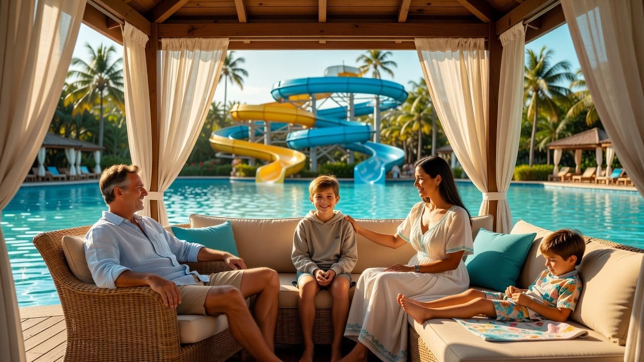 Disney Water Parks Autism: A Family Planning Guide A happy family resting together inside a shaded tropical cabana at a water park.