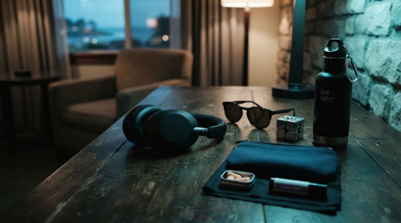 Autism-Friendly Beach Vacations With a Familiar Routine Headphones, sunglasses, a fidget toy, and a water bottle laid out on a hotel desk.