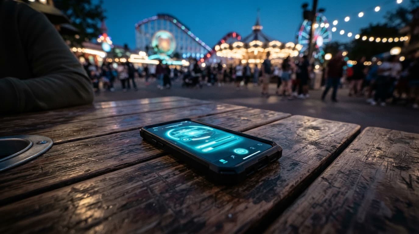 Disney World Virtual Queue Autism Guide for Families A smartphone resting on a wooden outdoor table with cool blue accent lighting.