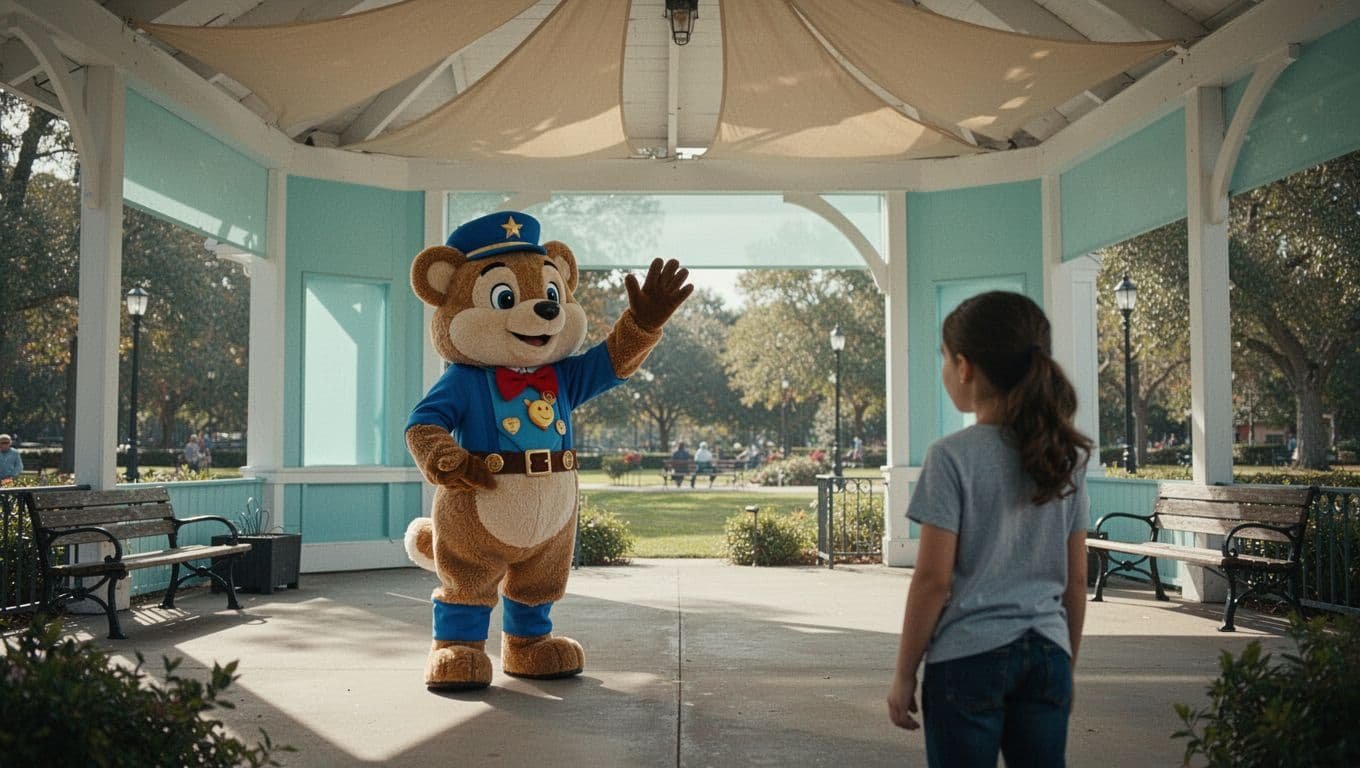 A costumed performer interacts warmly with a guest in an open, brightly lit plaza. Soft cyan highlights illuminate the clean, professional outdoor setting while sunlight creates a gentle, welcoming atmosphere.