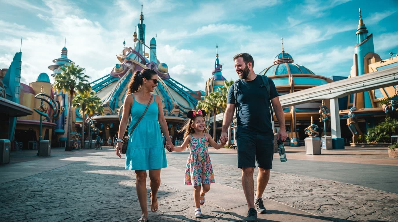 A family of three enjoying a sunny day outside futuristic theme park gates.