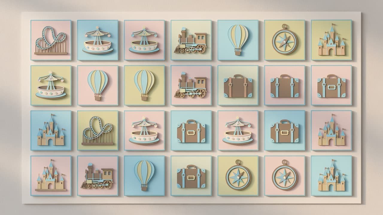 A flat-lay vacation countdown calendar with travel icons in cyan and neutral tones.