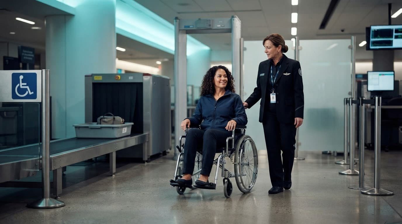 A wheelchair user passes through airport security with an assistance professional nearby.