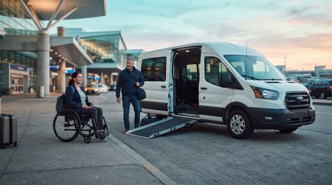 A wheelchair user and caregiver beside a van with its accessibility ramp lowered.