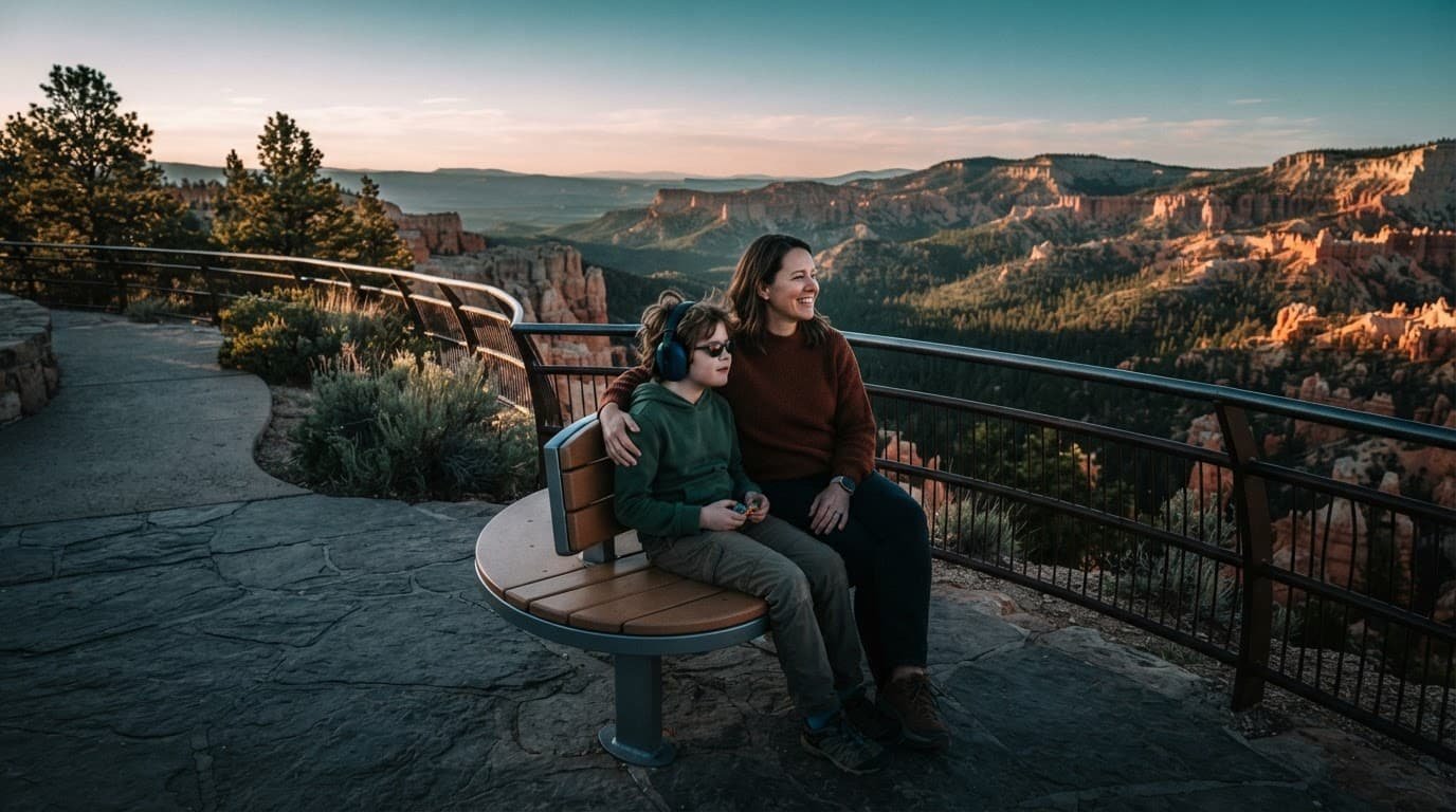 Autism-Friendly National Parks: Plan a Calmer Family Trip A child and parent rest at an accessible canyon overlook with pine trees.