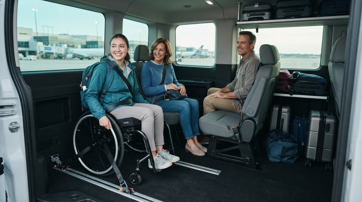 A family rides in an airport shuttle with a secured wheelchair and vacation bags.