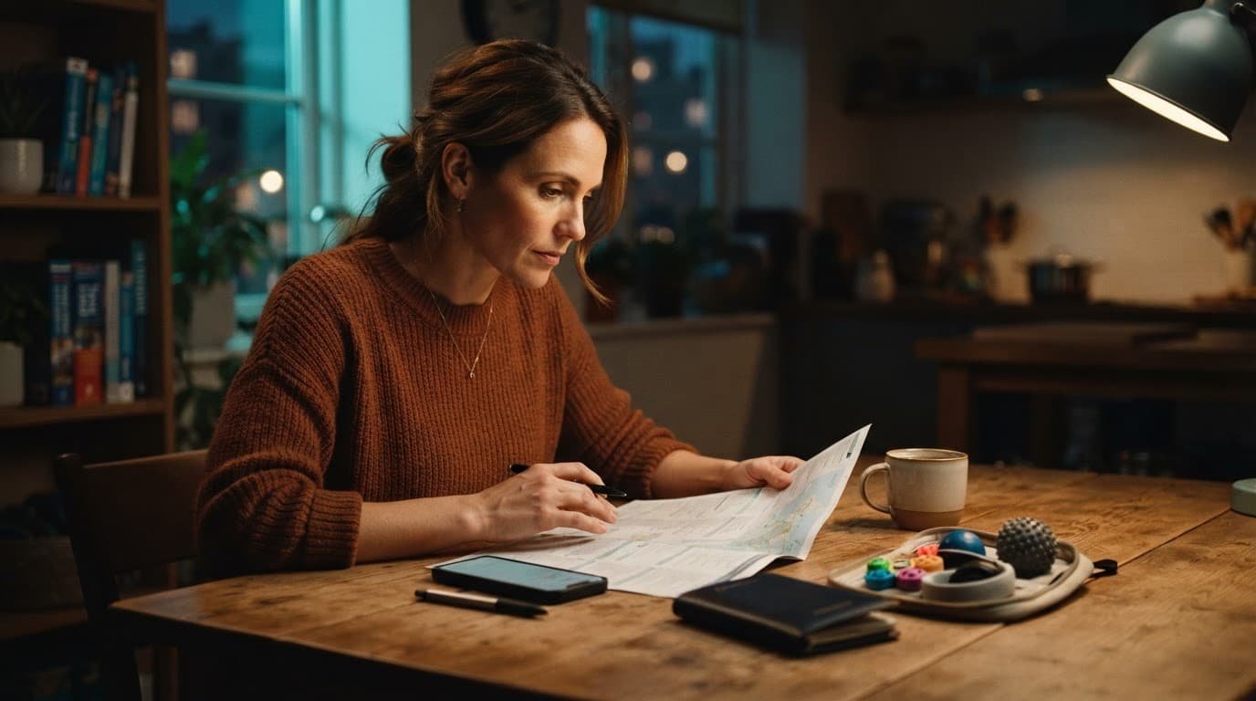 Parent planning a family trip with an itinerary, passport wallet, phone, and sensory kit.