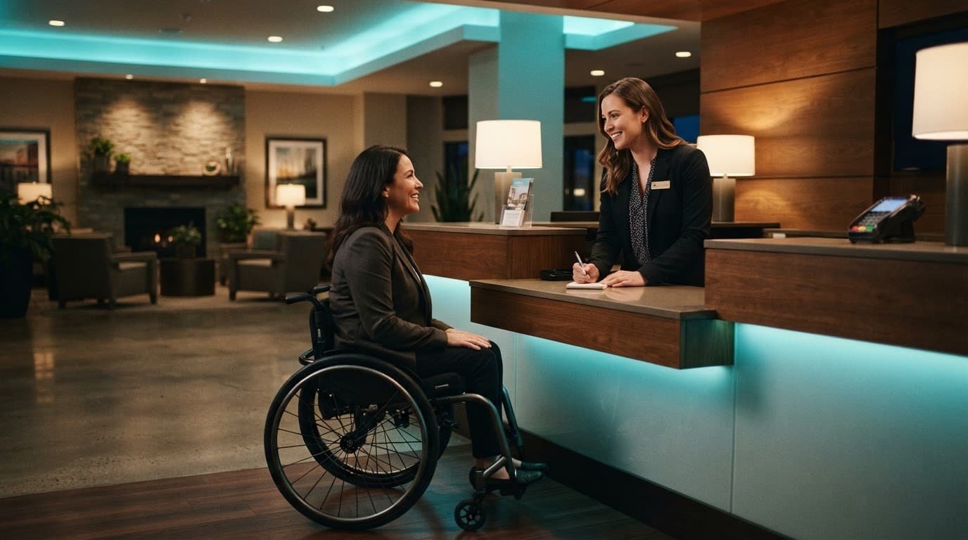 A receptionist talks with a wheelchair user at an accessible hotel desk.