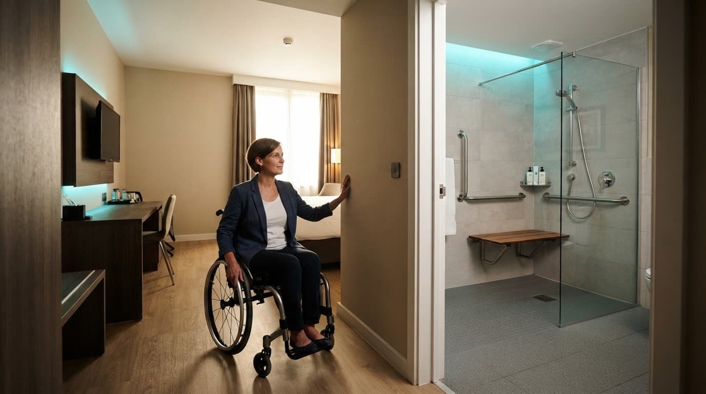 Wheelchair user checking a hotel room entrance and accessible bathroom features.