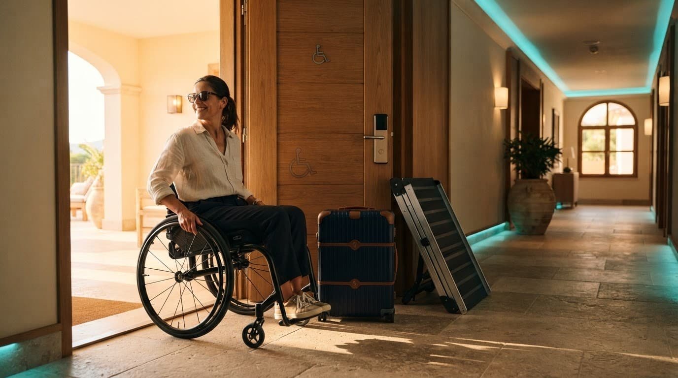 A wheelchair user beside a hotel entrance with a suitcase and folded travel ramp.