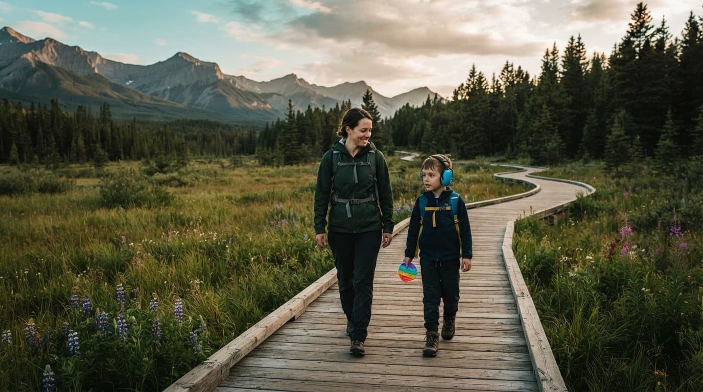 Autism-Friendly National Parks: Plan a Calmer Family Trip A parent and child walk on a meadow boardwalk, with headphones and a sensory fidget.
