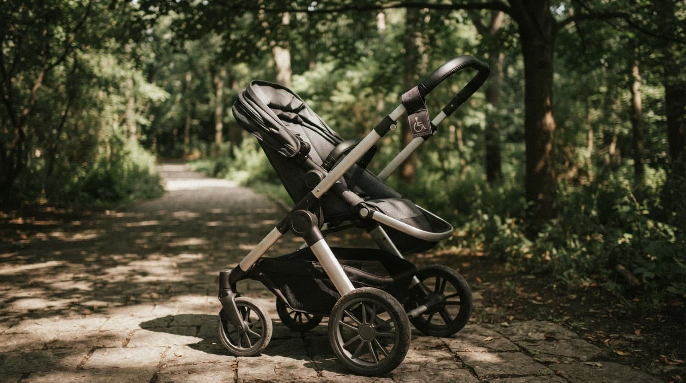 A tagged stroller parked beside a shaded pathway.