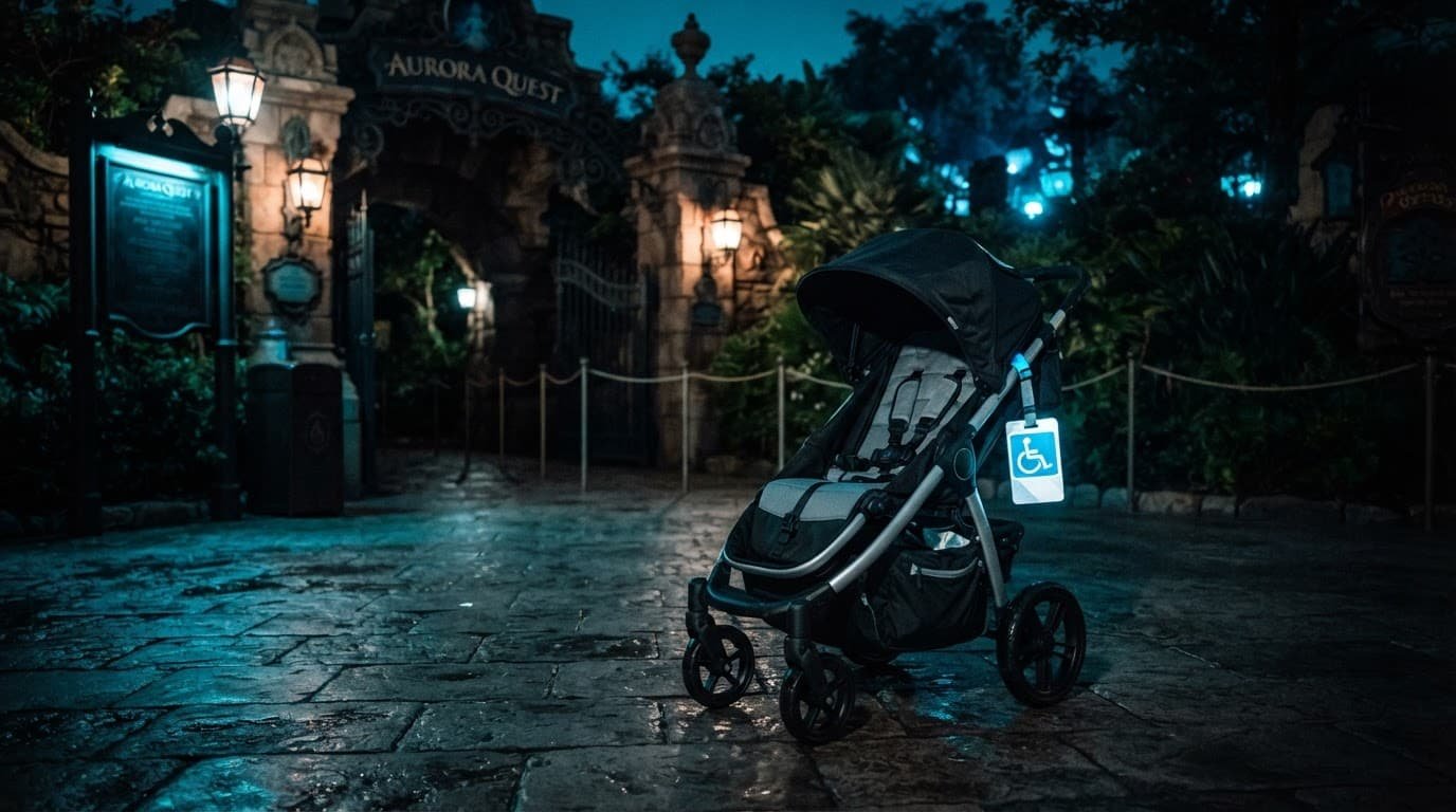 Magic Kingdom Autism Guide for First-Time Disney Families An accessible medical stroller parked outside a theme park attraction.