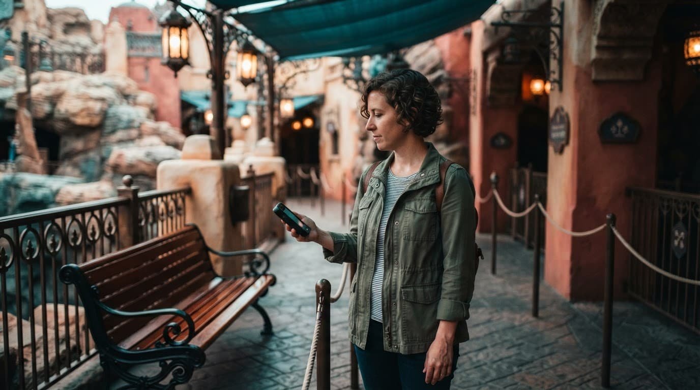 Disney World Deaf Accessibility: A Practical Park Plan A guest uses a captioning device in a colorful accessible theme park queue.