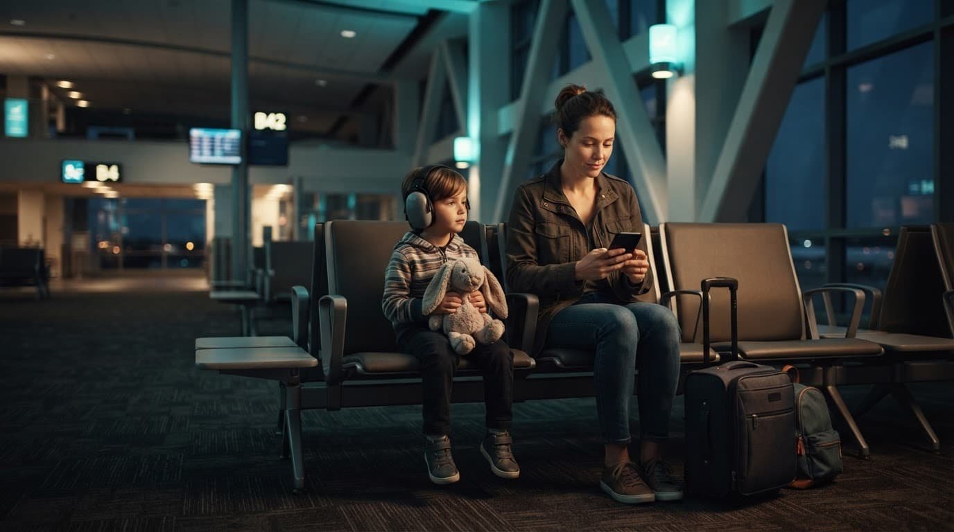 Handling Travel Delays With an Autistic Child Parent and child wait in airport seats with headphones and a small carry-on.