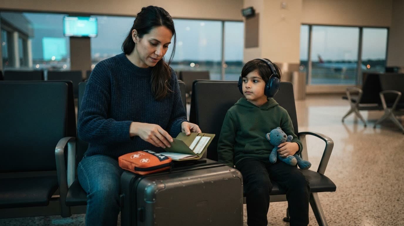 Planning Vacation Medical Appointments Without Losing the Fun Parent organizes travel supplies while a child wears headphones in an airport waiting area.