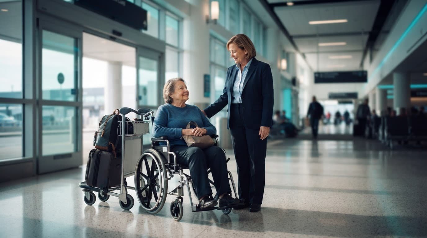 Coordinator assisting a wheelchair user beside a luggage cart in a bright airport terminal.