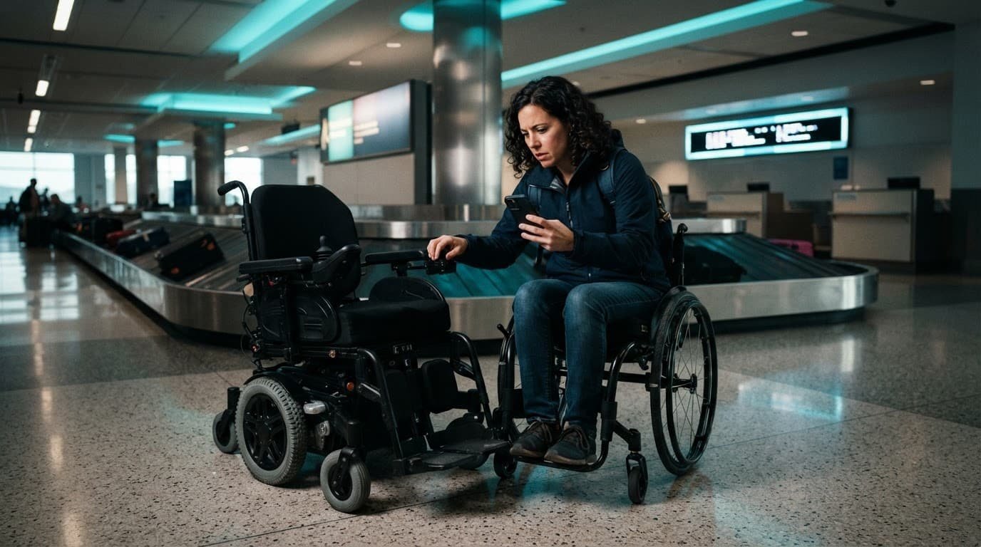 A wheelchair user checks a power wheelchair beside an airport baggage carousel with a phone.