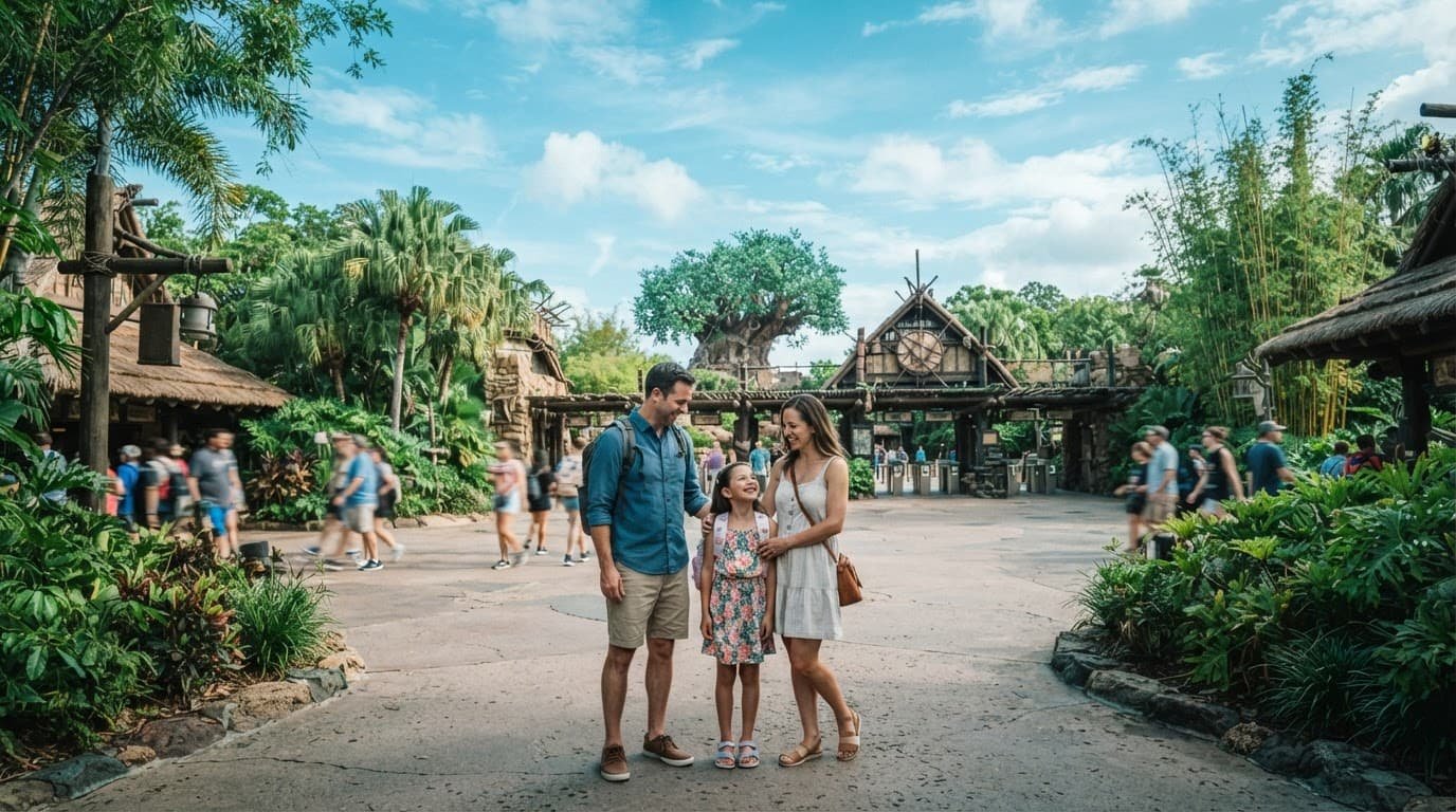 Three people stand together at a sunny park entrance surrounded by tropical greenery.