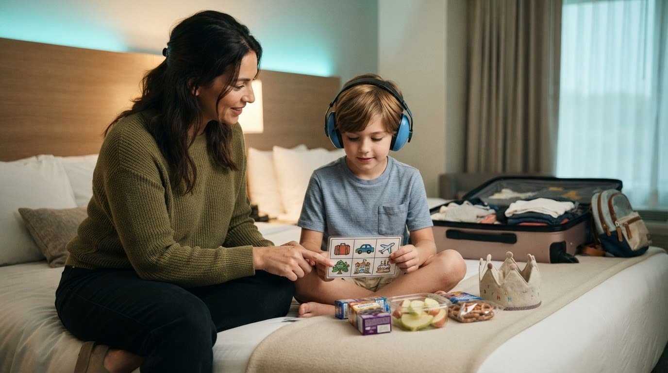 Parent and child organize snacks, headphones, and travel items beside an open suitcase.
