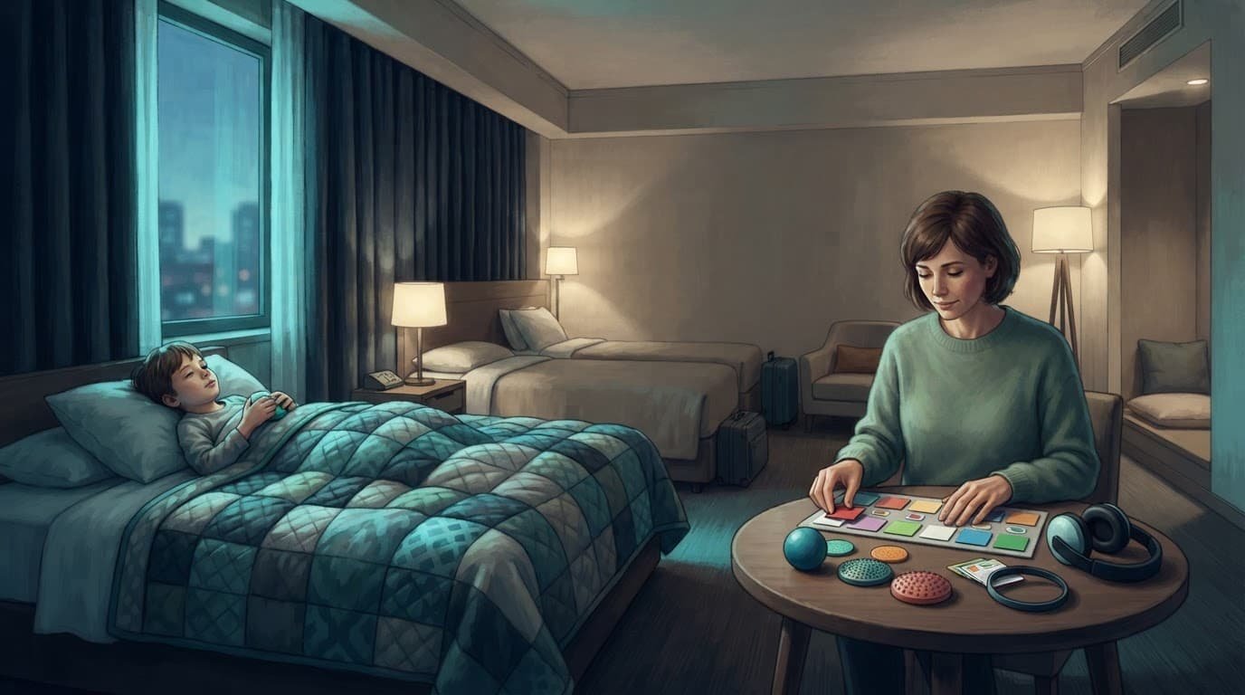 A parent prepares sensory items while a child rests under a blanket in a calm hotel room.