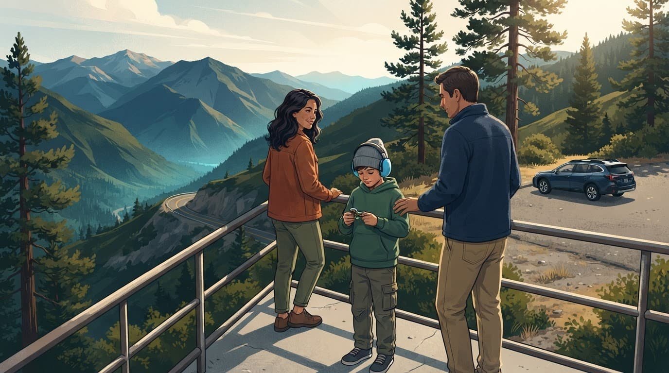 Family pauses at a quiet overlook while a child wears headphones.