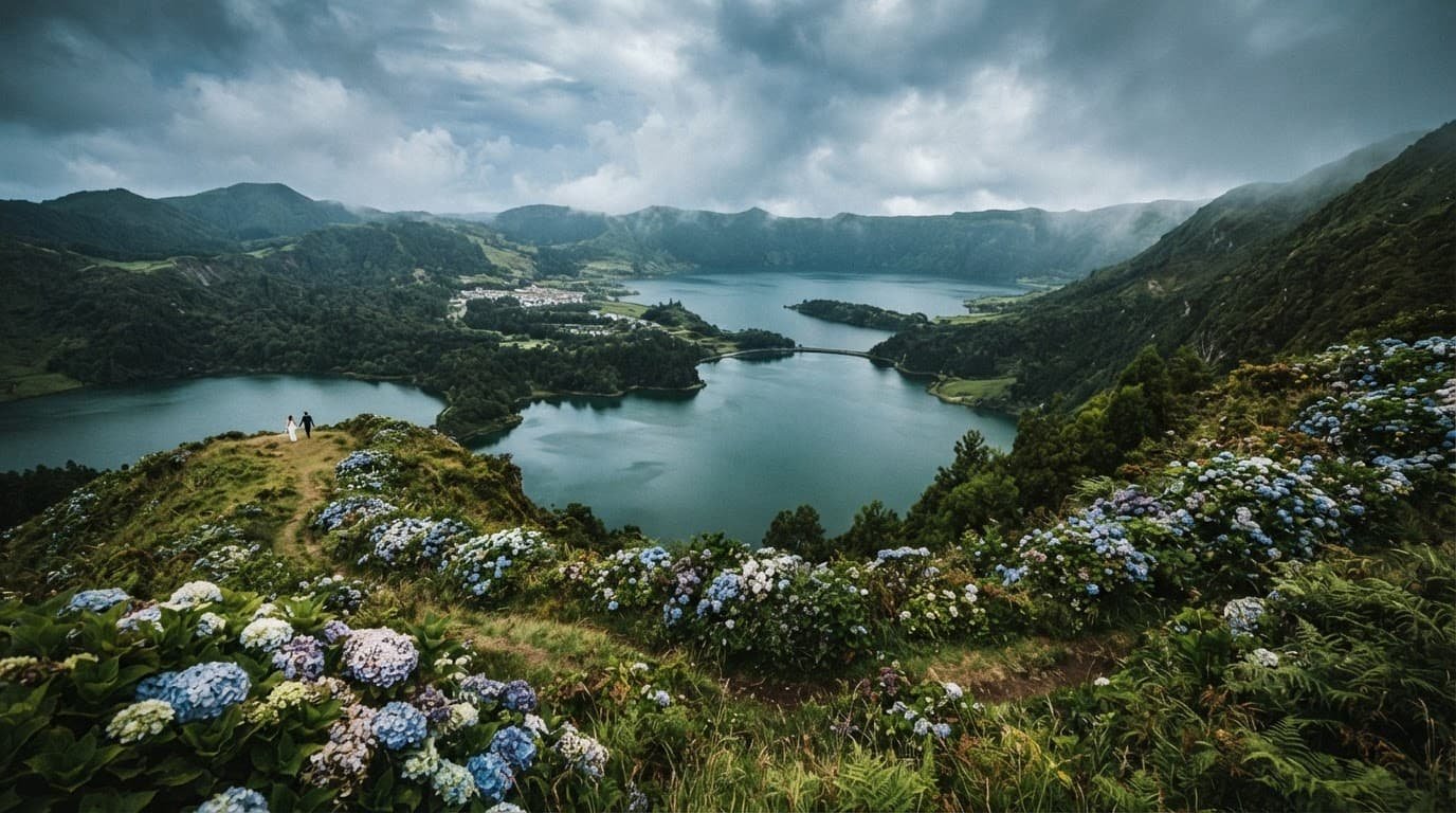 A tiny couple overlooks a misty volcanic lake surrounded by green hills and hydrangeas.