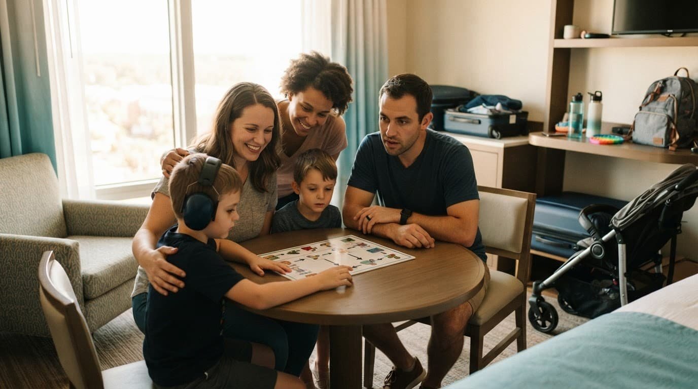 Disney World Autism Planning for Blended Families A family reviews a vacation schedule with headphones and sensory tools in a hotel room.