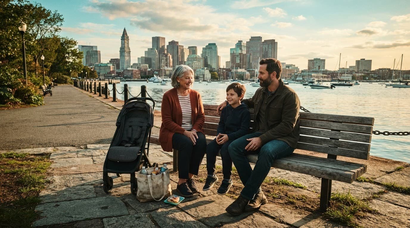 A family rests on a waterfront bench with a stroller and Boston skyline behind them.