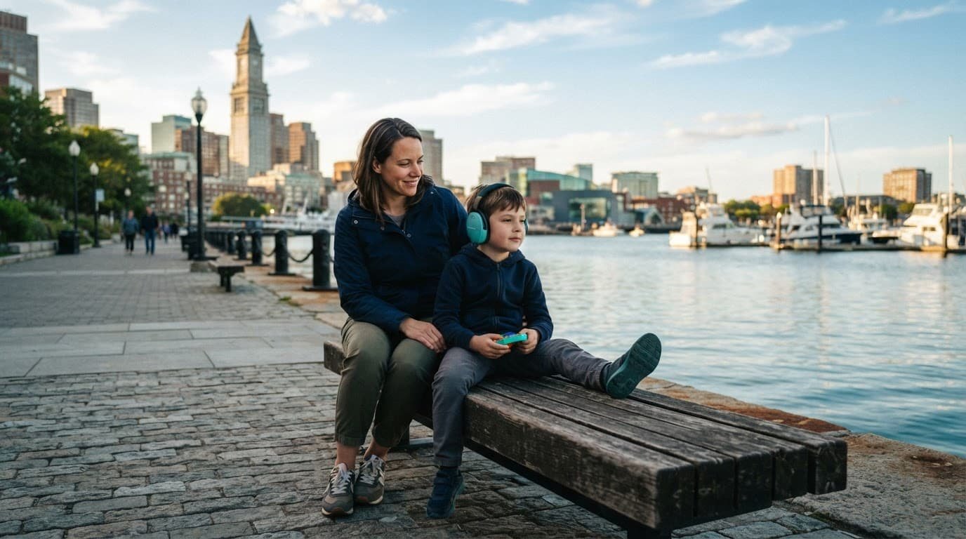 A parent and child rest on a bench by Boston's waterfront.