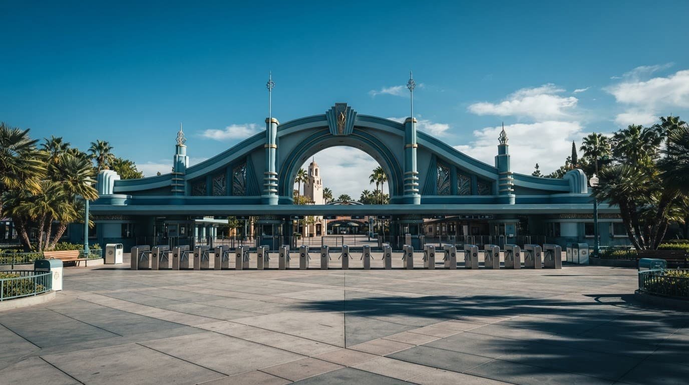 Disney California Adventure Autism: First Visit Guide Sunny theme park entrance plaza with art deco turnstiles and palm trees.