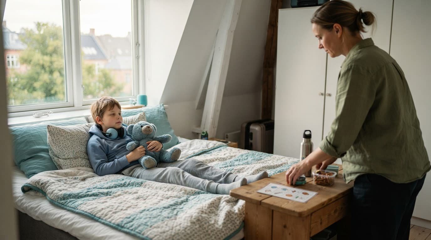 Child rests on a bed while a parent organizes comfort items and snacks in a quiet apartment.