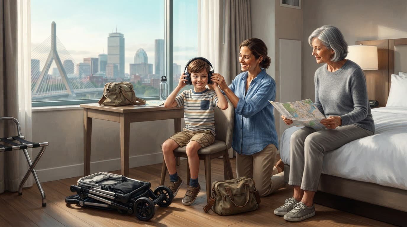 A family prepares for a Boston day trip with headphones, a stroller, and a map.