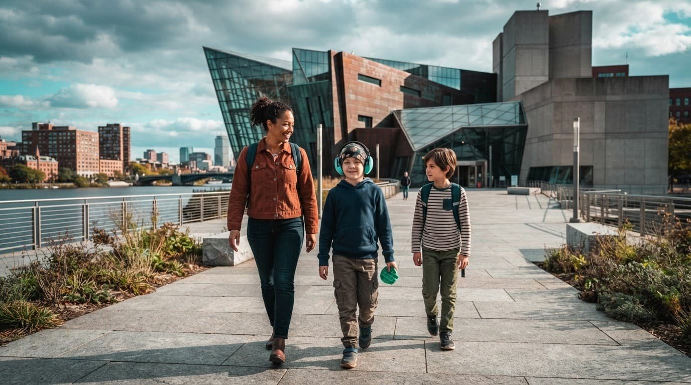 A child in headphones walks with a parent and sibling outside a Boston museum.