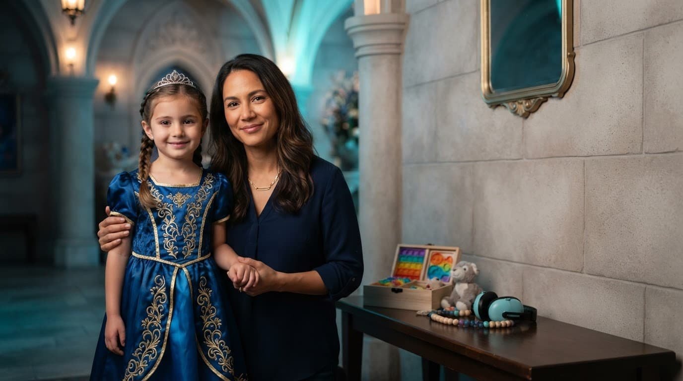 A child in a royal costume stands beside a parent near a castle-themed backdrop.
