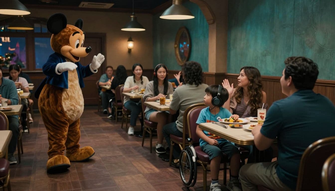 Disney Character Dining Autism: A No-Touch Plan A child in headphones sits with a caregiver while a costumed character waves from a distance.