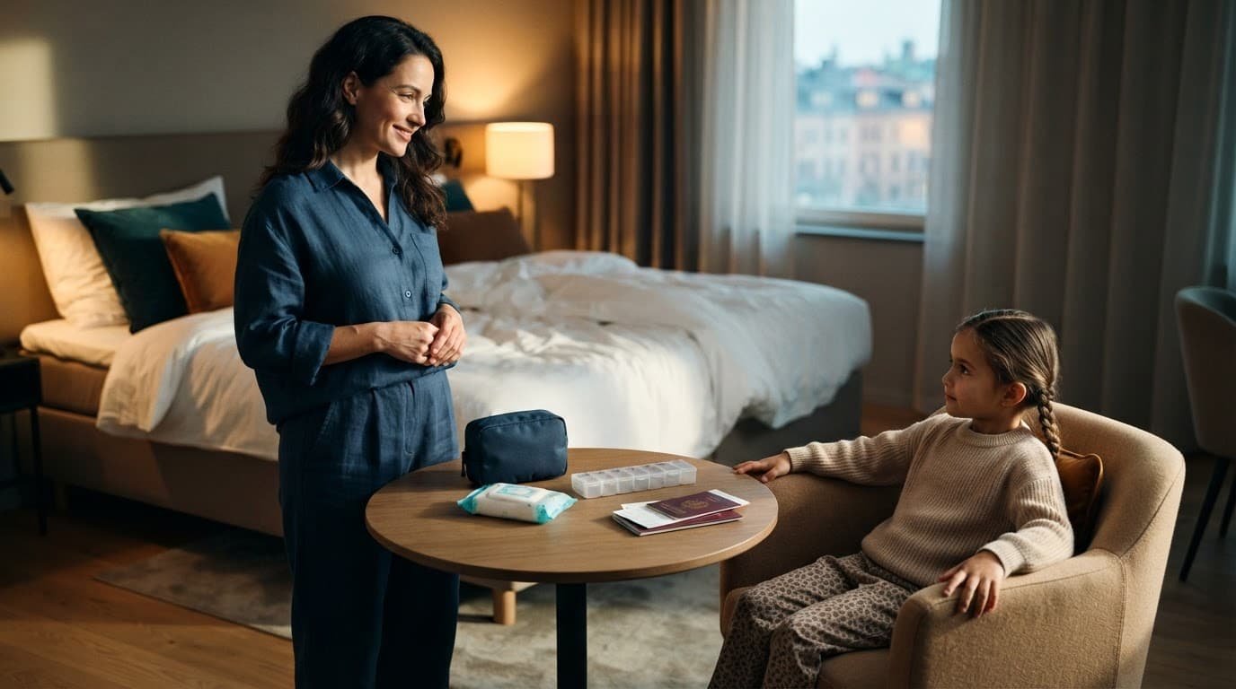 Planning Vacation Medical Appointments Without Losing the Fun A caregiver stands beside a resting child near neatly arranged travel health supplies.