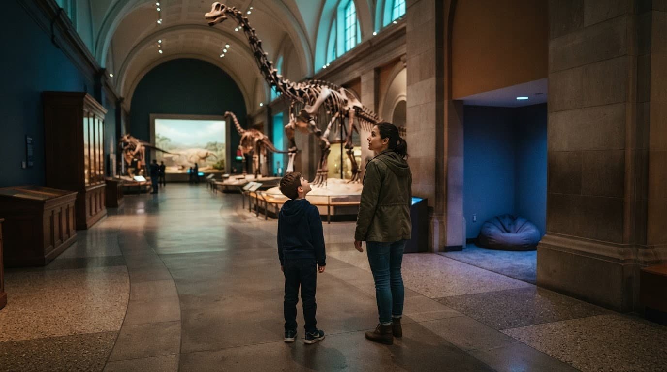 Autism-Friendly NYC Family Vacation Guide for a Calmer Trip A child and parent walk through a quiet dinosaur museum gallery.