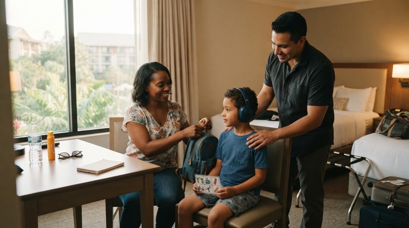 Disney Cruise or Disney World for Autism Families A family of three prepares for a theme park with a backpack, headphones, and schedule card.
