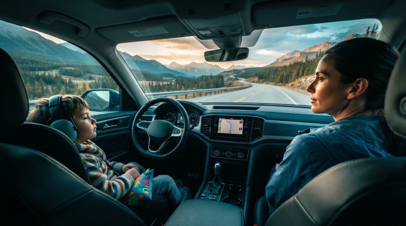 A parent drives with a relaxed child, headphones, and a comfort bag visible in the back seat.