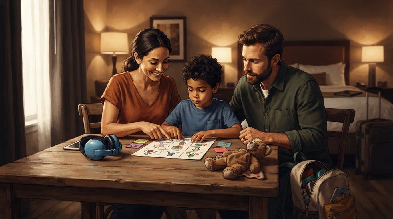 Three family members prepare for a theme park day at a hotel table.