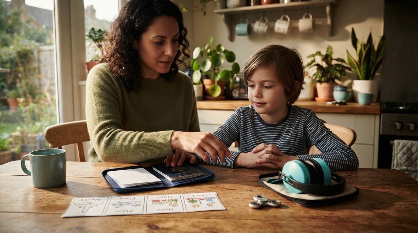 A child and parent organize travel papers, schedule cards, headphones, and a fidget toy at a kitchen table.