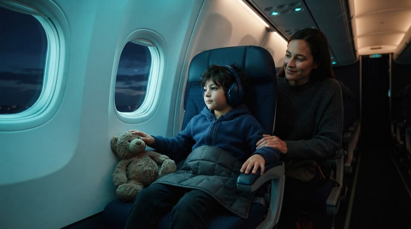 Handling Travel Delays With an Autistic Child A child wears headphones and uses a weighted lap pad beside an airplane window.