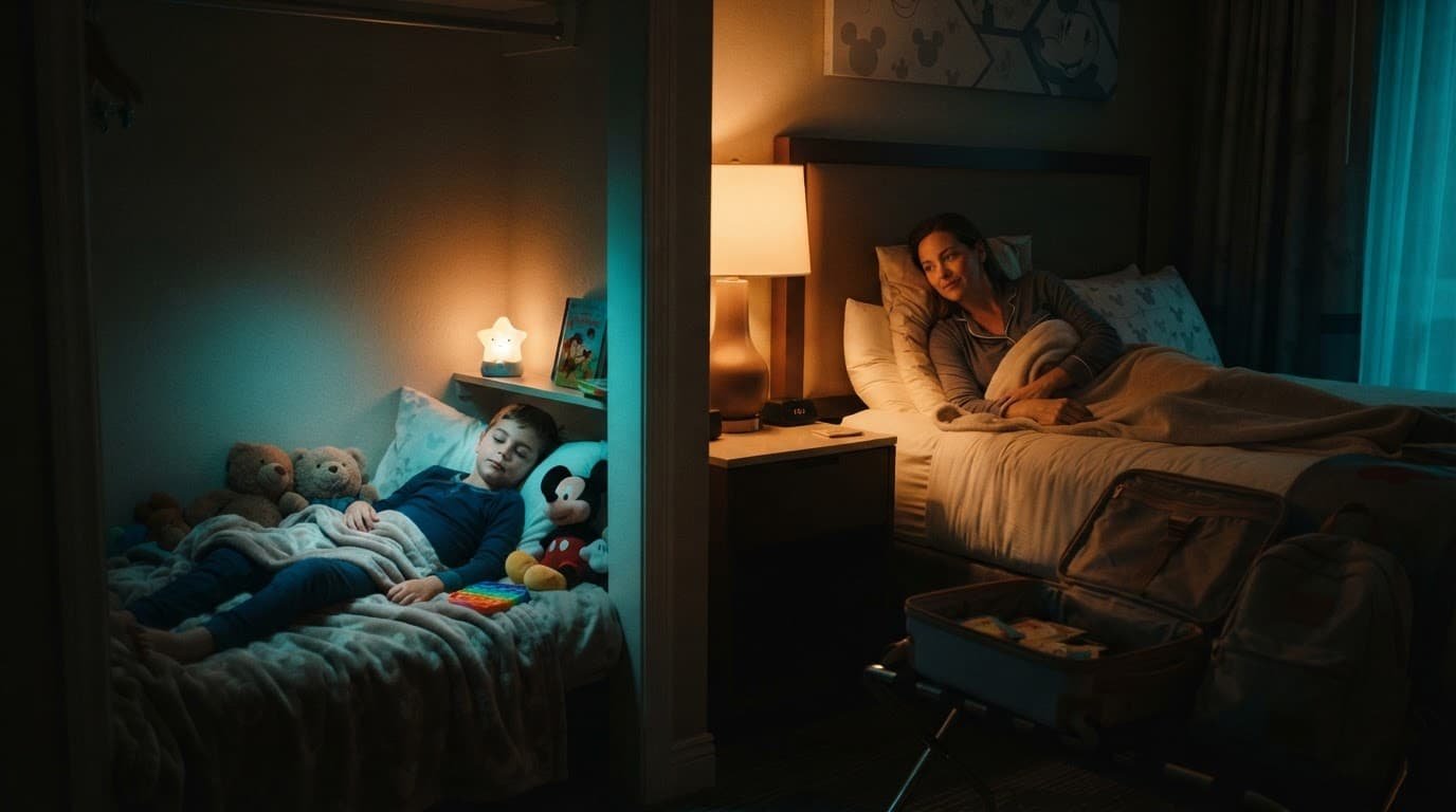 Disney World Sleep Plans for Autistic Kids A parent and child relax near a separate, softly lit sleep nook in a hotel room.