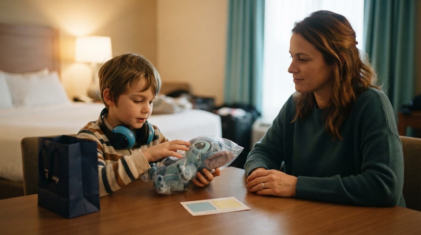 Disney World Souvenir Shopping Without Overwhelm A caregiver and child examine a plush toy at a hotel table.